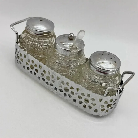 Vintage Salt, Pepper, & Mustard Jar Set In Basket Original Spoon Hong Kong - Picture 4 of 8